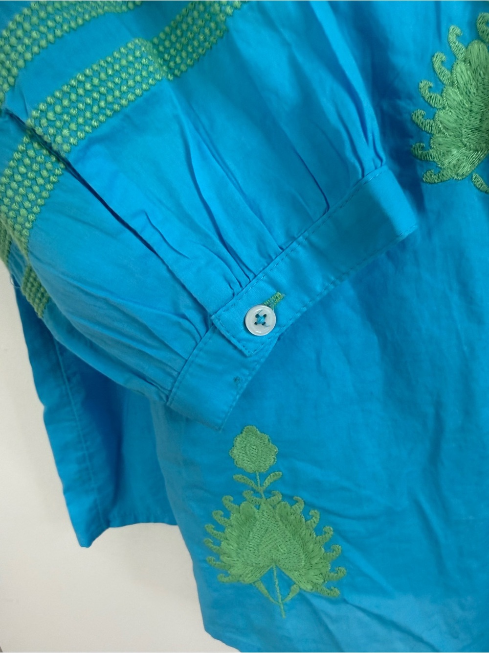 Talbots blue and vibrant light green, voile, embroidered cotton popover top MP - Picture 5 of 8